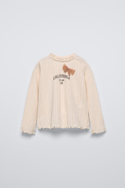 ZARA ЛОНГСЛИВ С КРУЖЕВОМ И БАНТОМ, ЭКРЮ