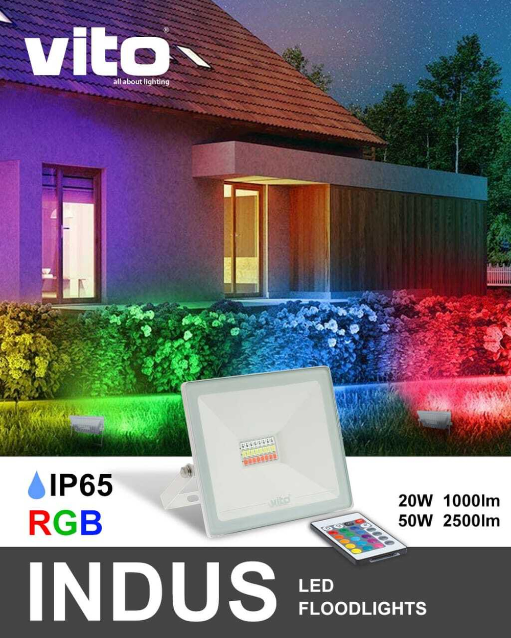 VT/INDUS/20W/SMD/RGB/IP65/REMOTE/LED FLOODLIGHT/ПРОЖЕКТОР СВЕТОДИОДНЫЙ