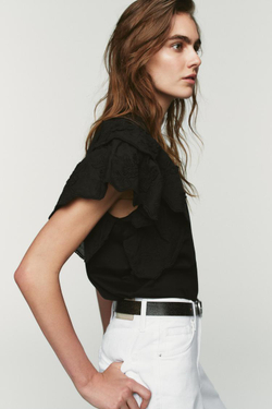 ZARA ФУТБОЛКА С ВОЛАНАМИ И КОРОТКИМИ РУКАВАМИ, ЧЕРНЫЙ