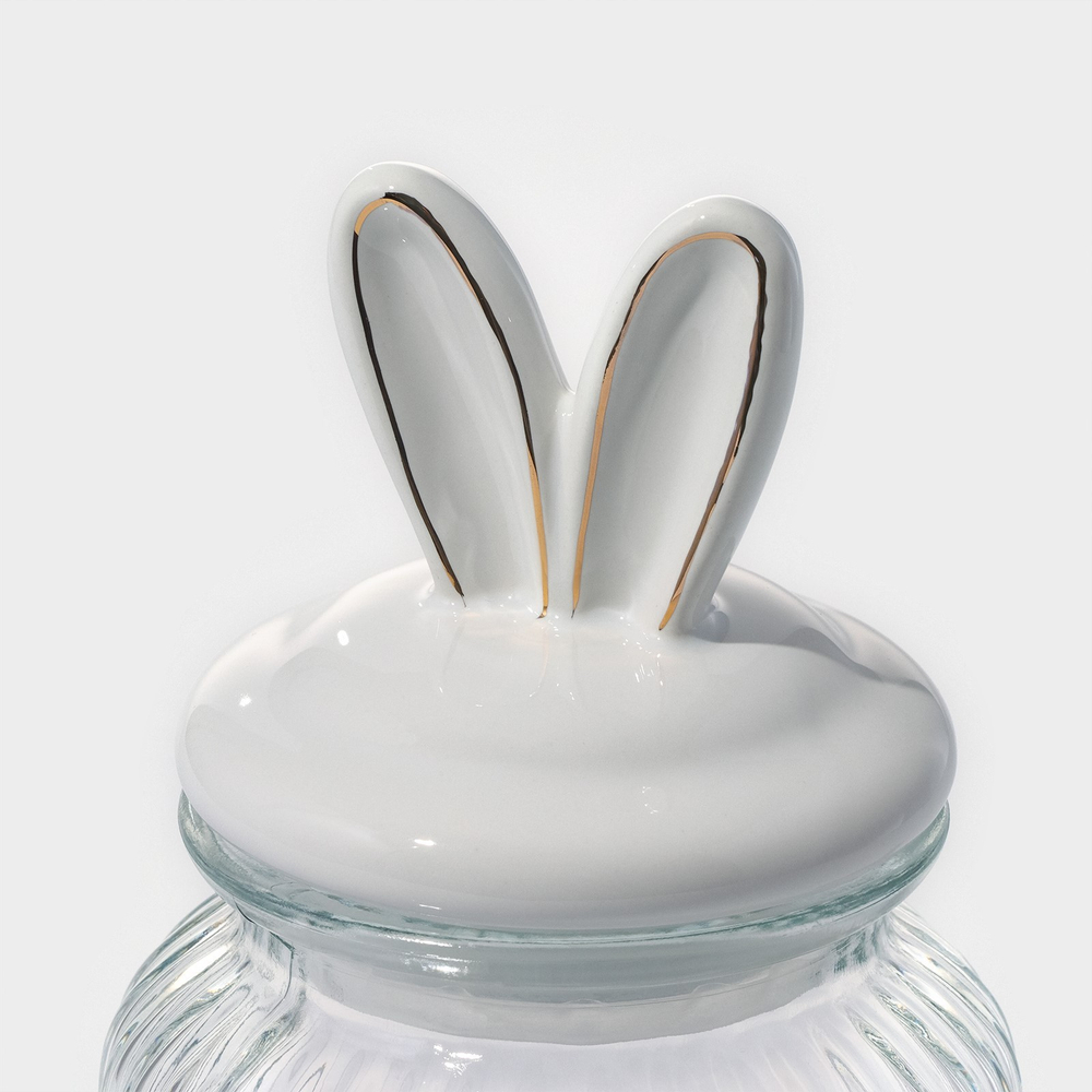 Банка стеклянная для сыпучих продуктов с керамической крышкой Зайка в золотом, 600 мл