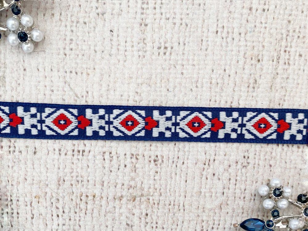 Тесьма жаккард, ш. 1,2 см, синий/красный (НАРЕЗКА)