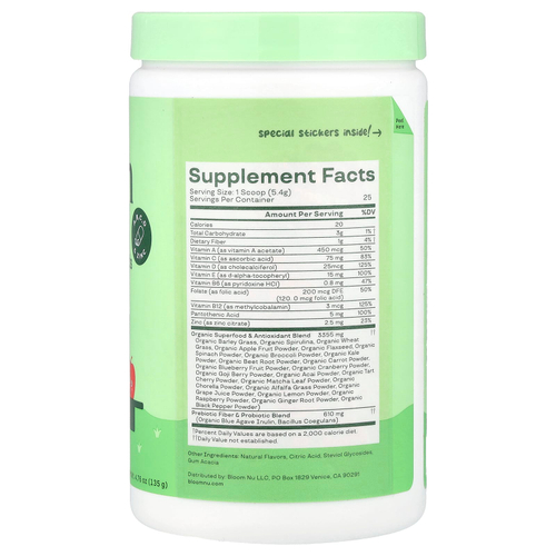 Bloom, Для детей, зелень и суперфуды + мультивитамины, клубника и яблоко, 135 г (4,76 унции)