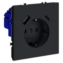 Розетка встраиваемая VOLTUM S70 с заземлением и защитными шторками, 16А, с USB, A+С, (графит)