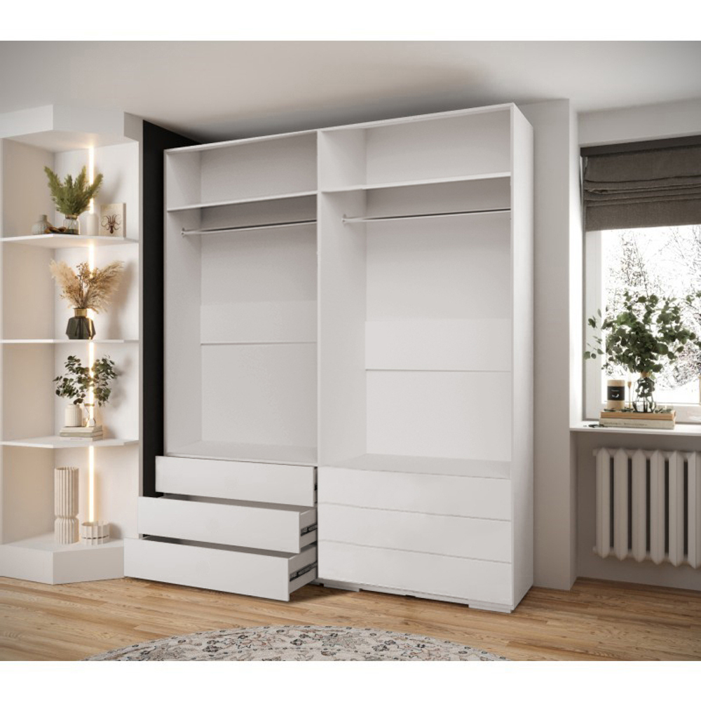 Распашной четырехсекционный шкаф Мори - 9 (с 6 ящиками) Белый Снег 8685 BS  210*45*260