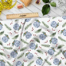 Ткань шелк Армани снежные шары с еловыми ветками