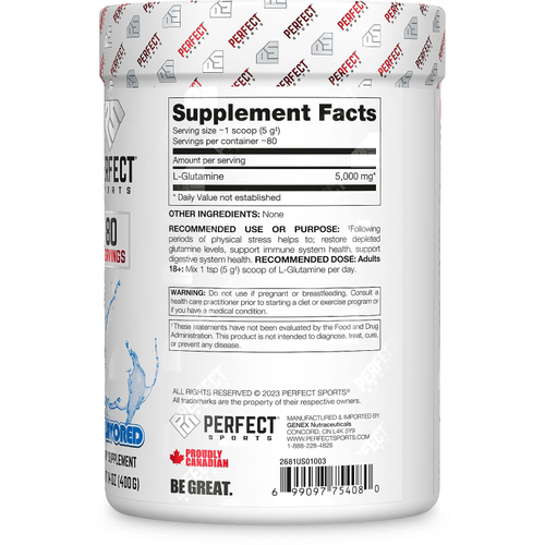 PERFECT Sports, iHerb, чистый глутамин, без вкусовых добавок, 400 г (14 унций)