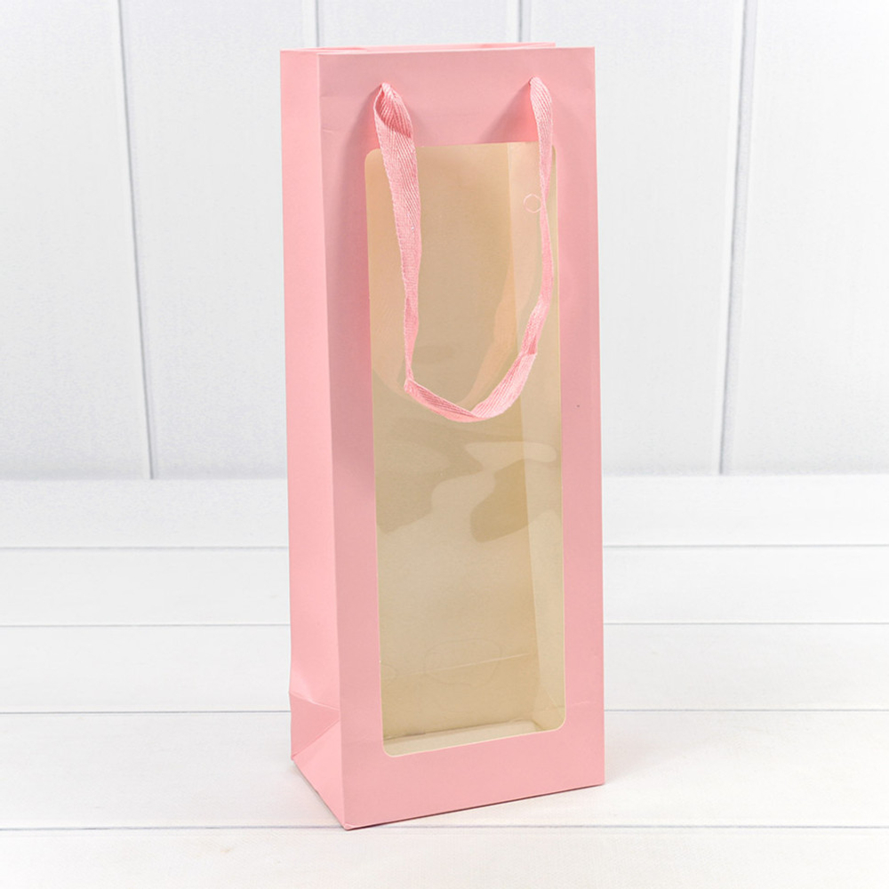 Пакет подарочный Под бутылку 13х24х8см с окошком (Розовый)