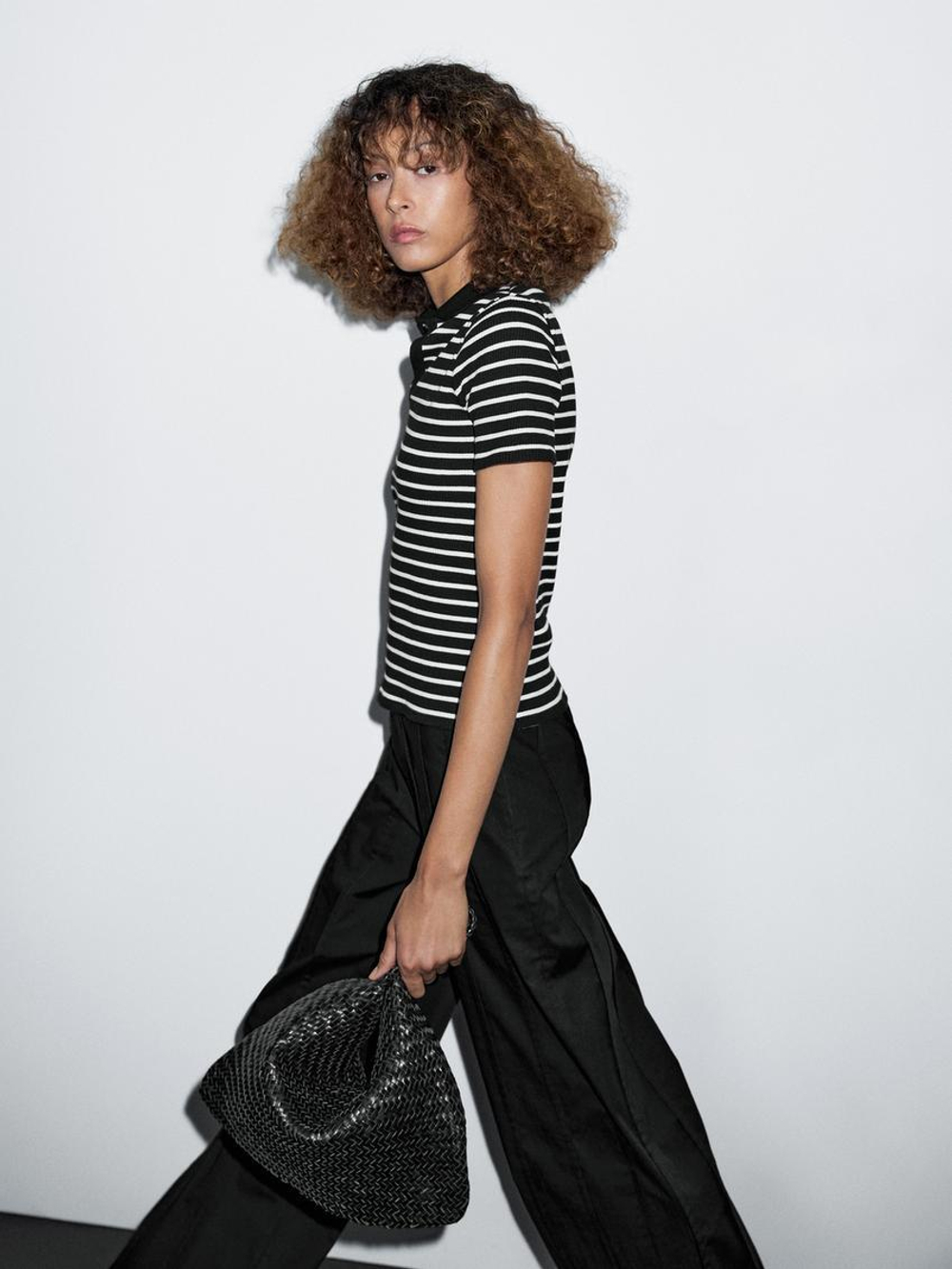 Massimo Dutti Футболка поло из смесового хлопка в полоску, черный