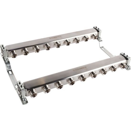 Коллектор Rommer 1"x3/4" на 9 контуров для радиаторной разводки (нерж. сталь) RMS-4401-000009