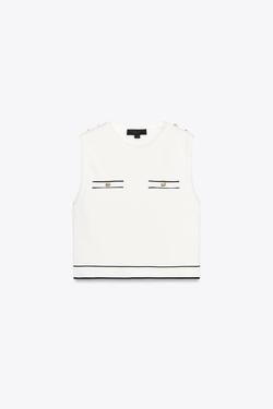 ZARA ТРИКОТАЖНЫЙ ТОП С ОКАНТОВКОЙ, БЕЛЫЙ