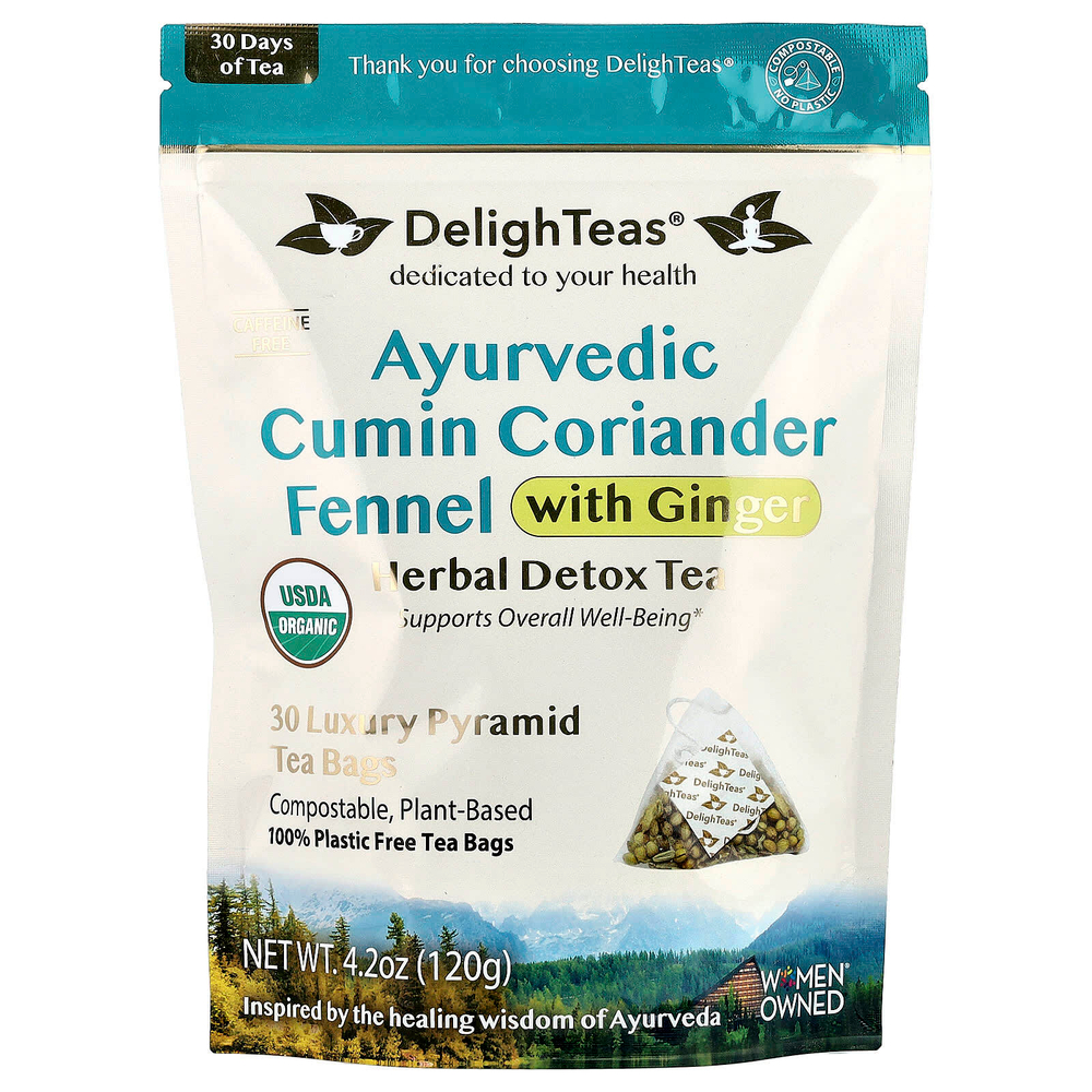 DelighTeas, Аюрведический кумин, кориандр и фенхель, травяной чай для выведения токсинов, без кофеина, 30 роскошных пакетиков-пирамидок, 120 г (4,2 унции)