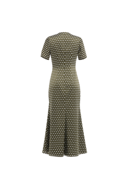 09-01-25 SS Платье с декоративными складками на уровне талии оливковое в "горох"