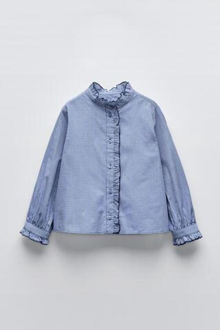 ZARA РУБАШКА В КЛЕТКУ ВИШИ С РЮШАМИ, СИНИЙ