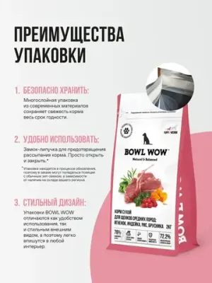Корм сухой BOWL WOW со свежим ягненком, индейкой, рисом и брусникой для щенков средних пород