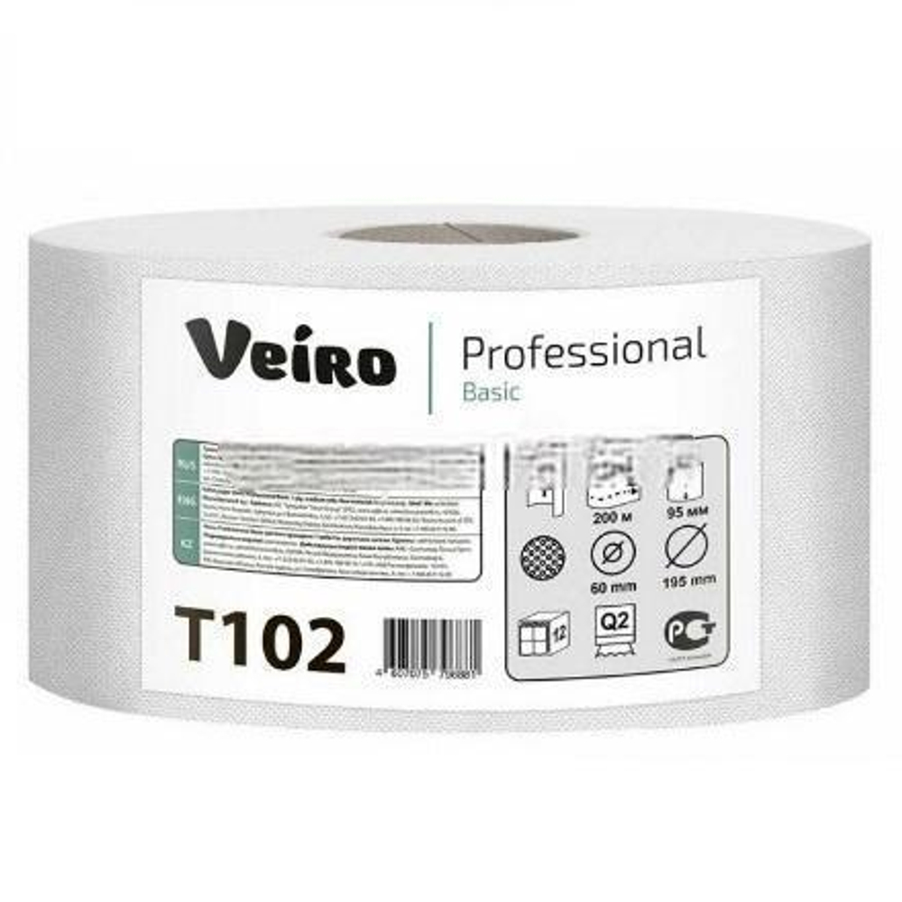 Туалетная бумага для диспенсеров 1 сл. 200 м Белая "Veiro Professional Basic" (12 шт.) арт.T102