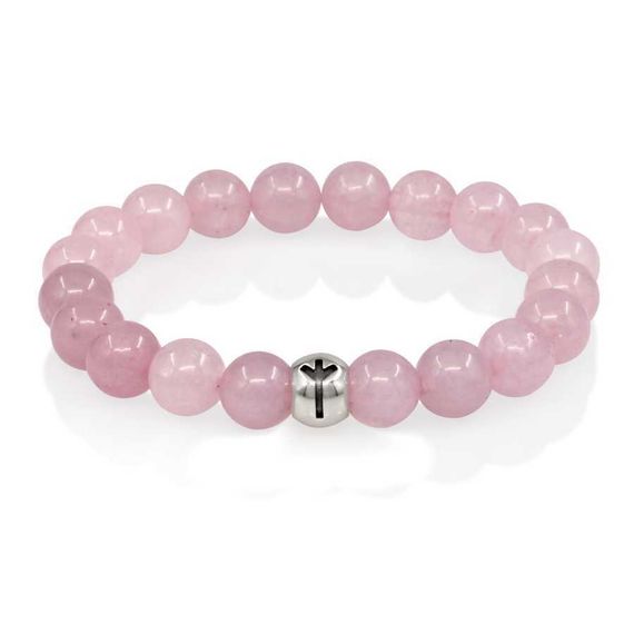 Браслет из натурального розового кварца с руной Альгиз из серебра 925 пробы - Защищённость