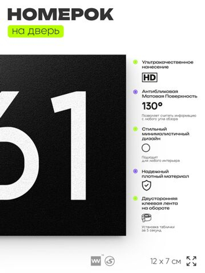 Номер на дверь 561, табличка на дверь для офиса, квартиры, кабинета, аудитории, склада, черная 120х70 мм, Айдентика Технолоджи