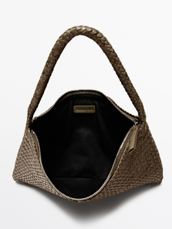 Massimo Dutti Маленькая плетеная кожаная сумка через плечо, хаки