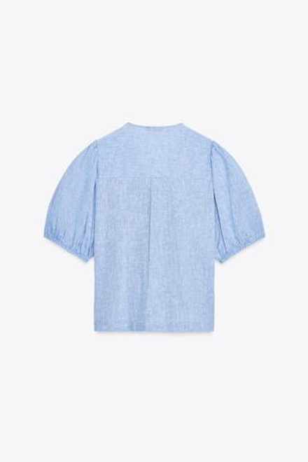 ZARA БЛУЗА ЛЬНЯНАЯ С ЗАВЯЗКАМИ, СИНИЙ