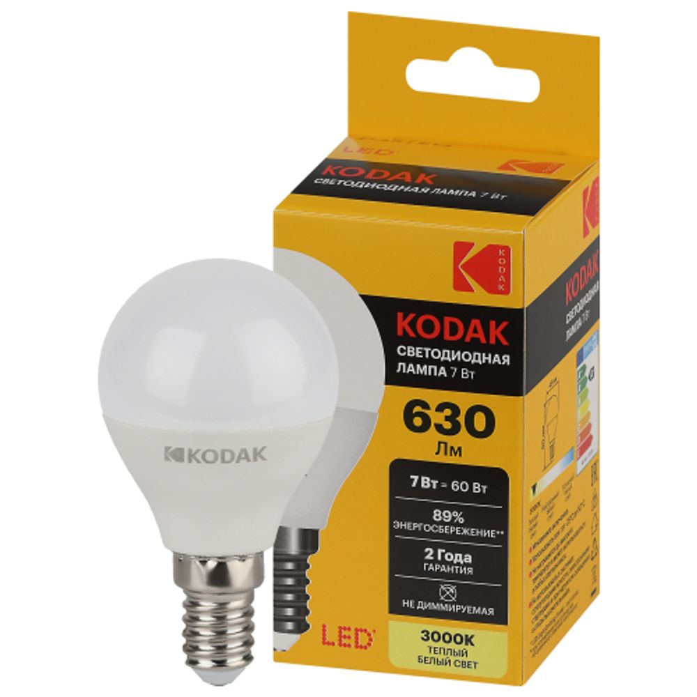 Лампочка светодиодная Kodak LED KODAK P45-7W-830-E14 E14 / Е14 7Вт шар теплый белый свет | Лампы cветодиодные Шар (G/P)