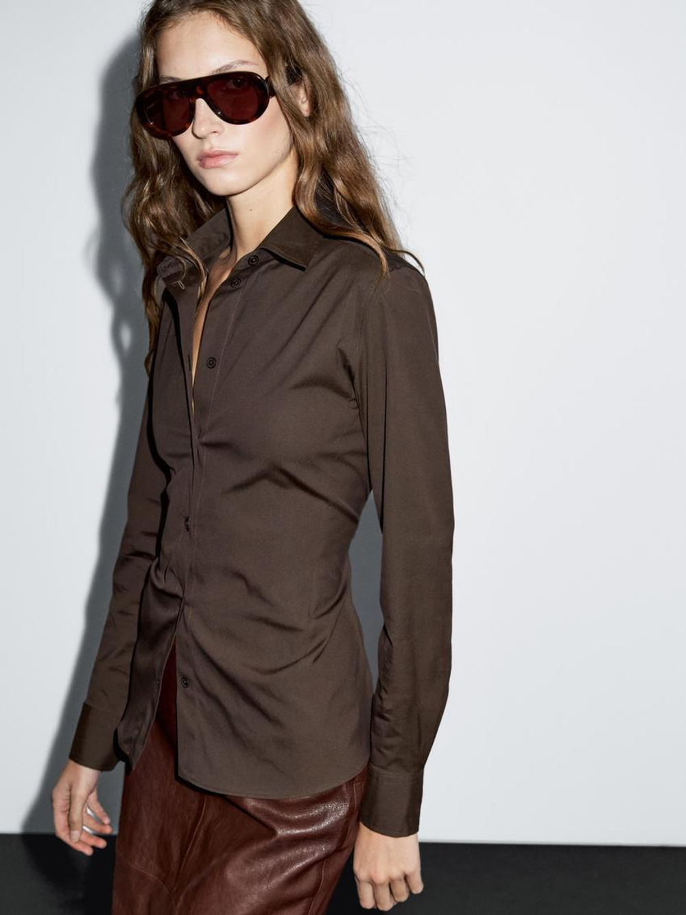 Massimo Dutti Эластичная рубашка из смесового хлопка, коричневый