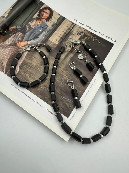 Серьги из черного турмалина и гематита, оттенок серебро