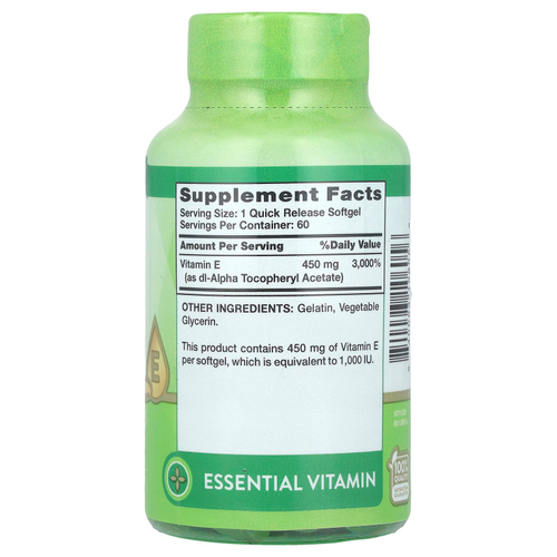 Nature's Truth, Витамин E, высокая эффективность, 450 мг (1000 МЕ), 60 капсул быстрого высвобождения