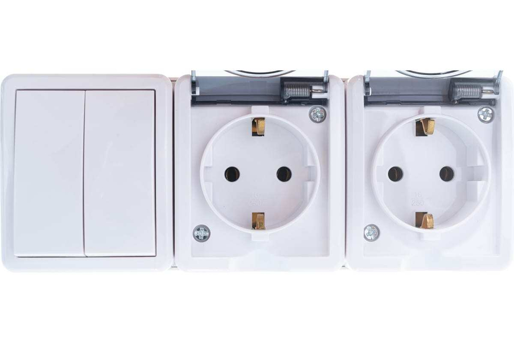 Блок две розетки+выключатель двойной IP54, 16A(10AX)-250В, белый Эксперт ЭРА
