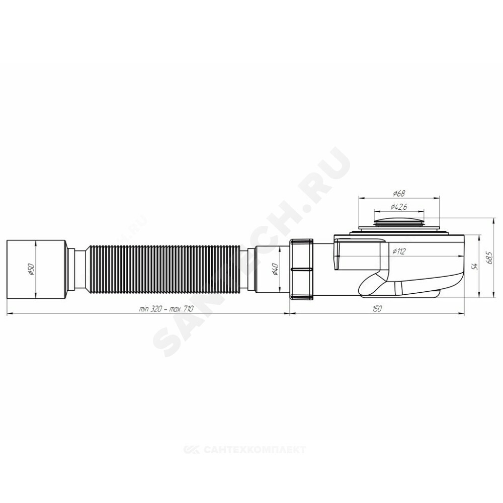 Сифон для поддона 1 1/2"x50/40 h=55мм с гофрой 40х50 слив клапан "клик-клак" (сетка), пробка D=42,6мм хром АНИ Пласт E455CLS