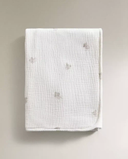 ZARA HOME ДЕТСКИЙ МУСЛИНОВЫЙ ПЛЕД С ПРИНТОМ "СЛОН", ЖЕЛТОВАТО-БЕЛЫЙ