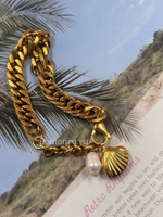 Массивный золотистый браслет цепь с ракушкой и жемчужиной