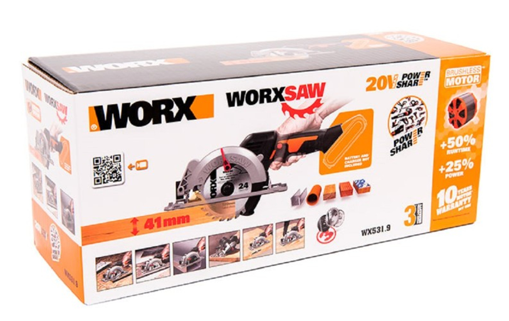 Пила циркулярная аккумуляторная Worx WX531 бесщеточная 20В, 120мм, 2ач х1, зу 2а