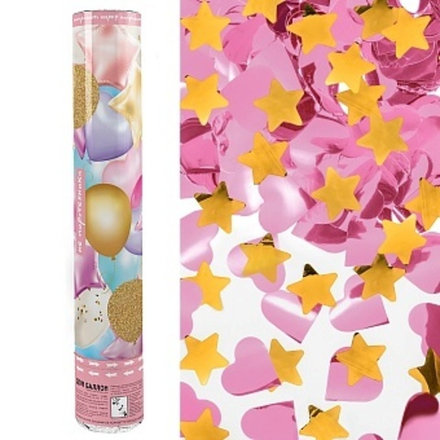Пневмохлопушка 30 см. Праздничные шарики, Звезды и сердца фольга, Золото/Розовый, Металлик