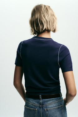ZARA ТРИКОТАЖНЫЙ ТОП С КОРОТКИМИ РУКАВАМИ И ОТДЕЛКОЙ, МОРСКОЙ СИНИЙ