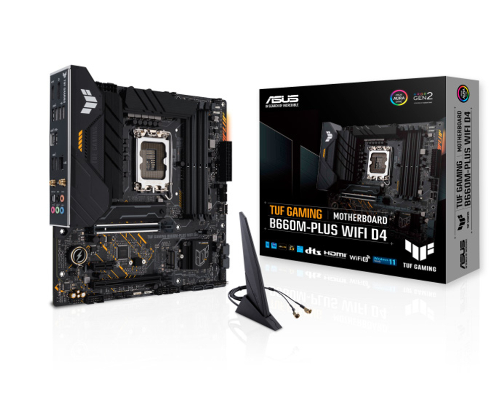 Материнская плата ASUS TUF GAMING B660M-PLUS WIFI D4 Socket 1700, Intel B660, 4xDDR4, PCI-E 5.0, 2500 Мбит/с, Wi-Fi, Bluetooth, USB 3.2 Gen1, 4xUSB 3.2 Gen2, USB 3.2 Gen2x2 Type-C, HDMI, DisplayPort, подсветка, mATX