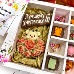 Шоколадный подарок "Лучшему учителю. Мишка с розами. Школа": шоколадка-надпись и 8 конфет ручной работы