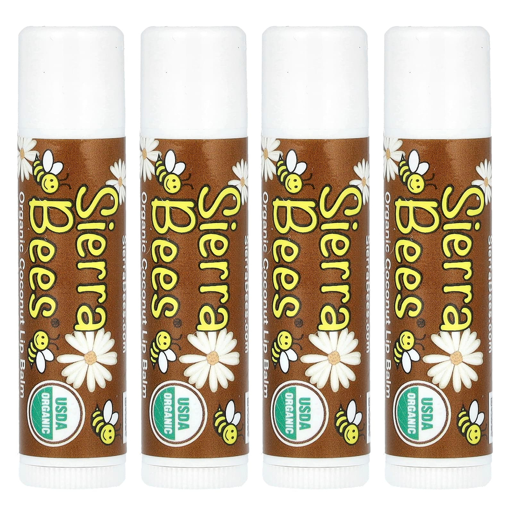 Sierra Bees, Органические бальзамы для губ, кокос, 4 шт. в упаковке, 4,25 г (0,15 унции) каждый
