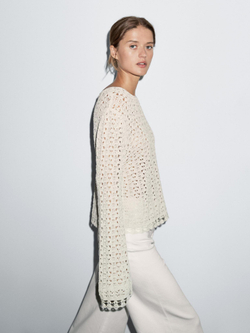Massimo Dutti Свитер из кружева кроше с ажурным узором, натуральный, кремовый
