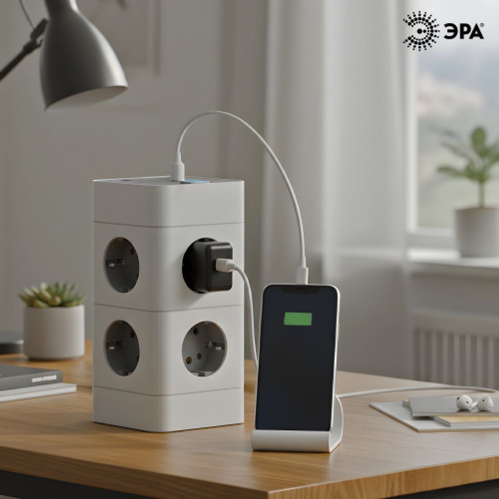 Сетевой фильтр ЭРА TWR-8es-1,5m-4USB-W башня с защитой заземлением с выключателем 8 розеток+4xUSBA+C 1,5м 16А белый | Электротовары