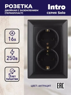 Розетка Intro Solo 4-205-05 с заземлением двойная 2X2P+E Schuko 16А-250В IP20 скрытой установки черный