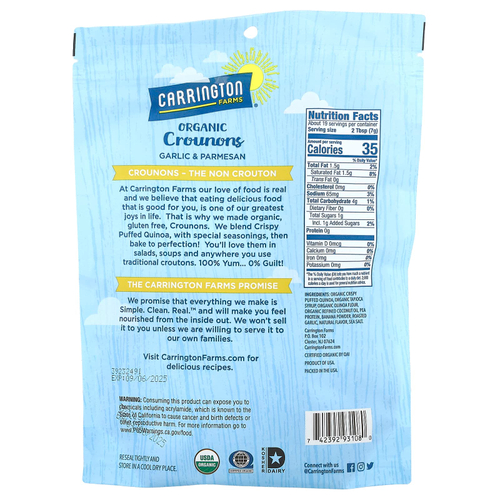 Carrington Farms, Organic Crounons, чеснок и пармезан, 134 г (4,75 унции)
