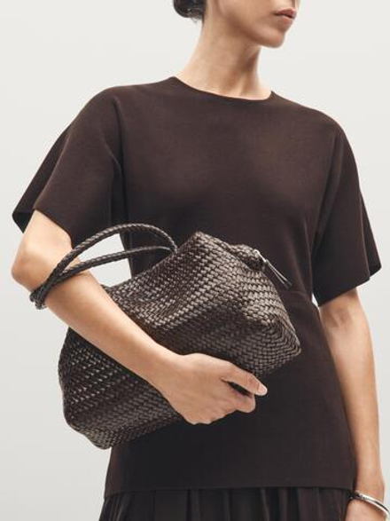 Massimo Dutti Плетеная сумка-сэтчел из кожи наппа, коричневый