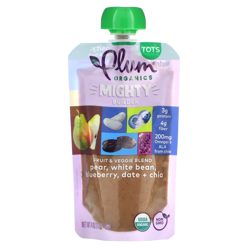 Plum Organics, Mighty Builder, смесь фруктов и овощей, горошек, груша, белая фасоль, голубика, финик и чиа, 113 г (4 унции)
