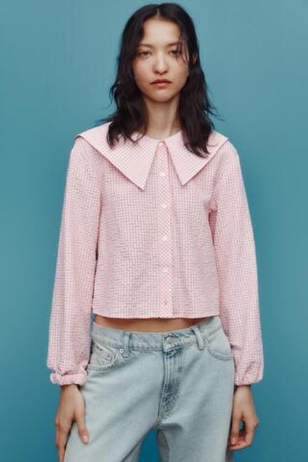 ZARA РУБАШКА С КРУГЛЫМ ВОРОТНИКОМ, РОЗОВЫЙ/БЕЛЫЙ