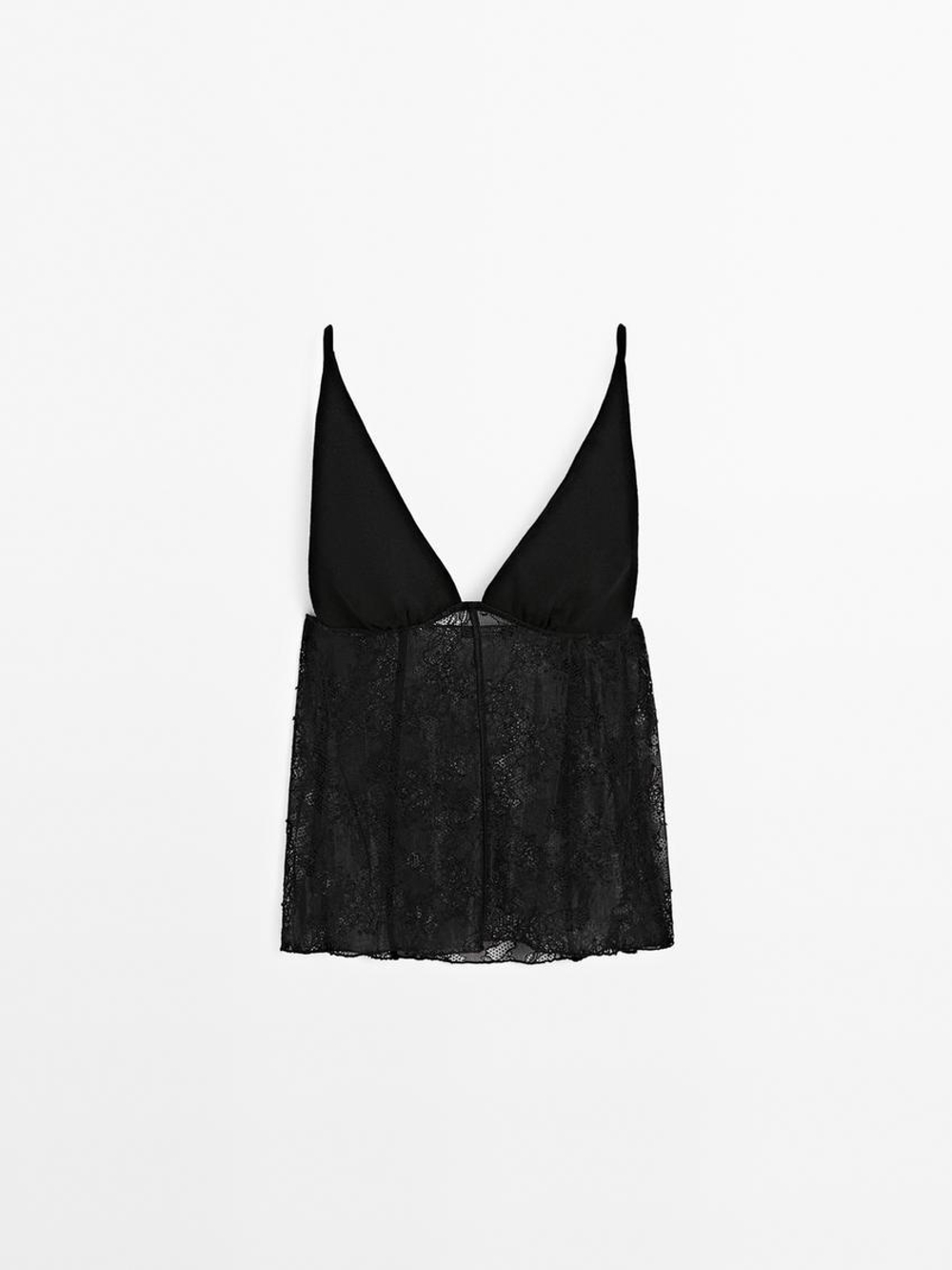 Massimo Dutti Топ в бельевом стиле с бретелями и кружевом, черный