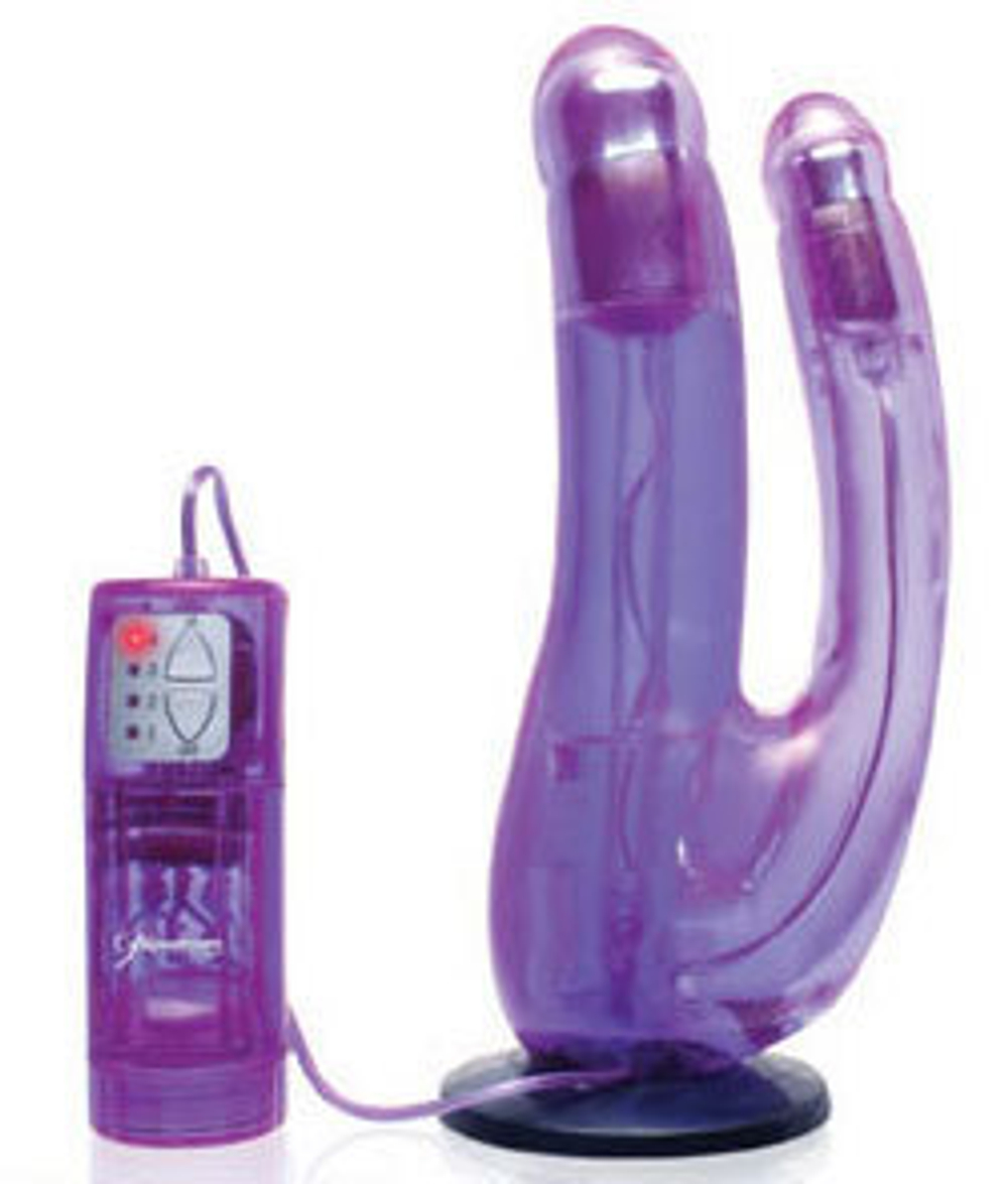 Фиолетовый двойной страпон с вибратором, 19 см