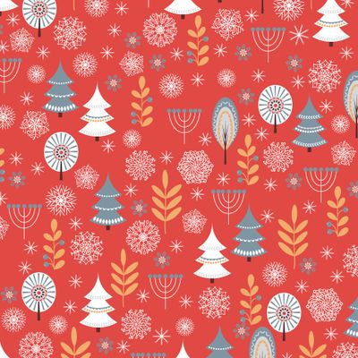 Сказочный лес на красном фоне. Скандинавский стиль. Паттерн-компаньон. (Дизайнер Irina Skaska)