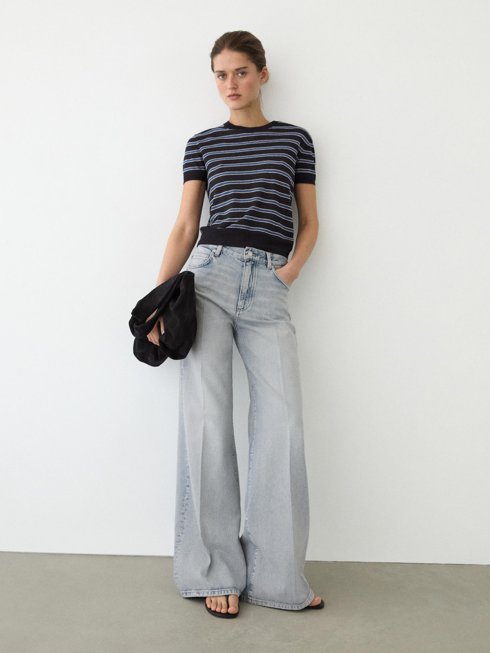 Massimo Dutti Свитер с короткими рукавами и полосками, темно-синий