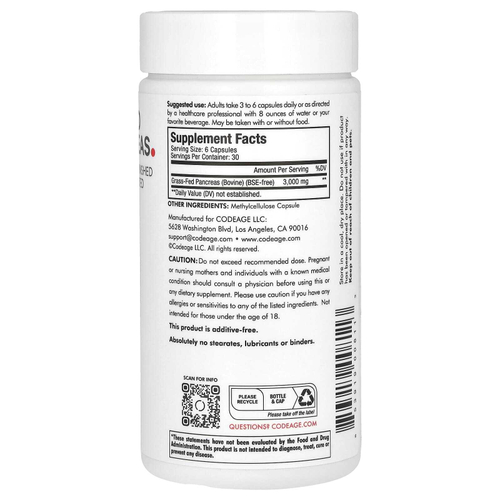 Codeage, говяжья поджелудочная железа животных травяного откорма, 180 капсул (500 мг в 1 капсуле)