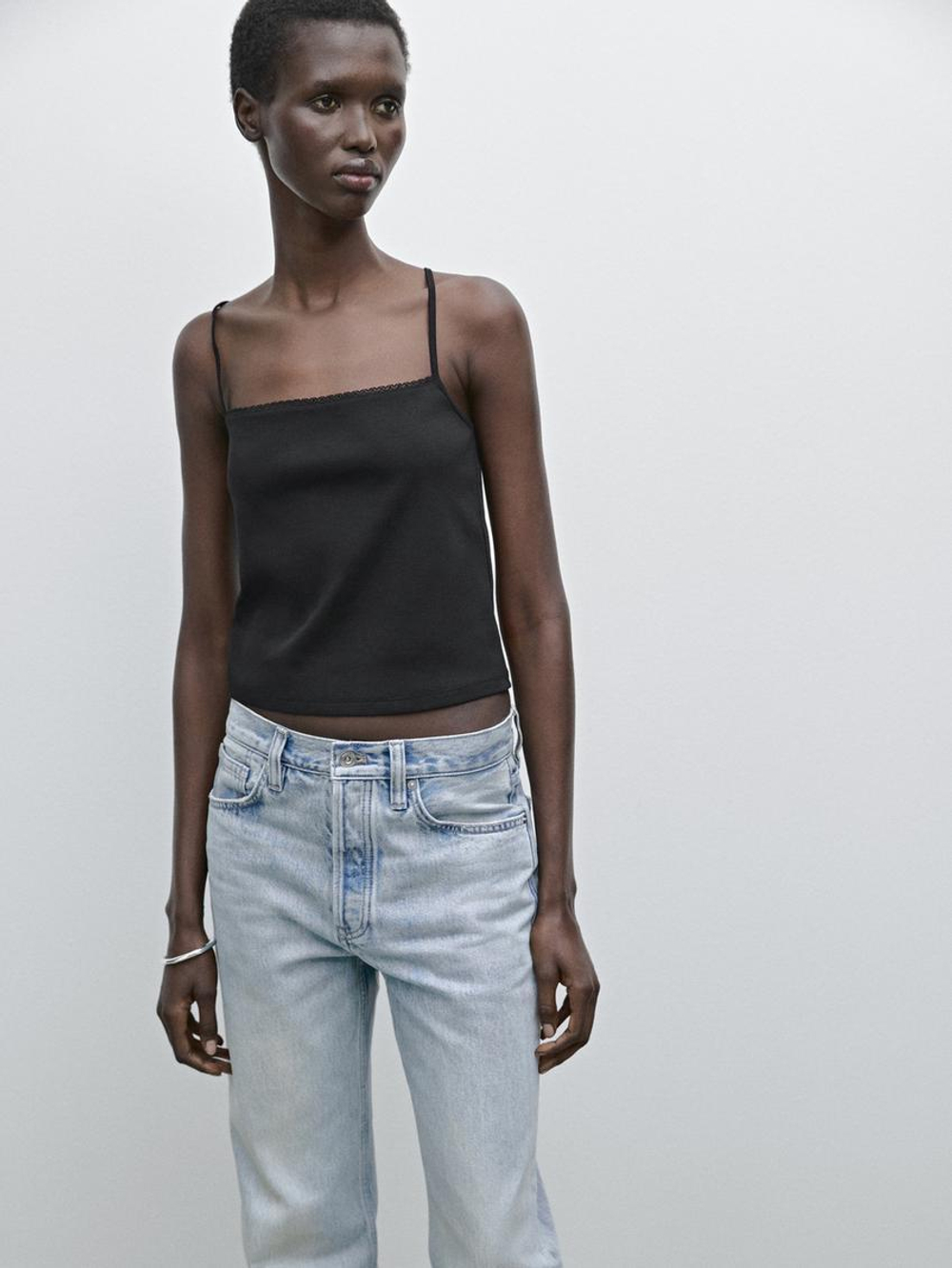 Massimo Dutti Трикотажный топ на бретелях с кружевом, черный